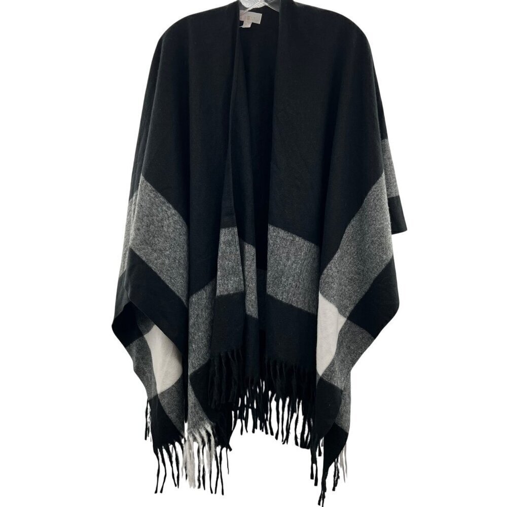 Belle by Kim Gravel Womens Open Front Poncho Cardigan Black/Gray One Size Fringe